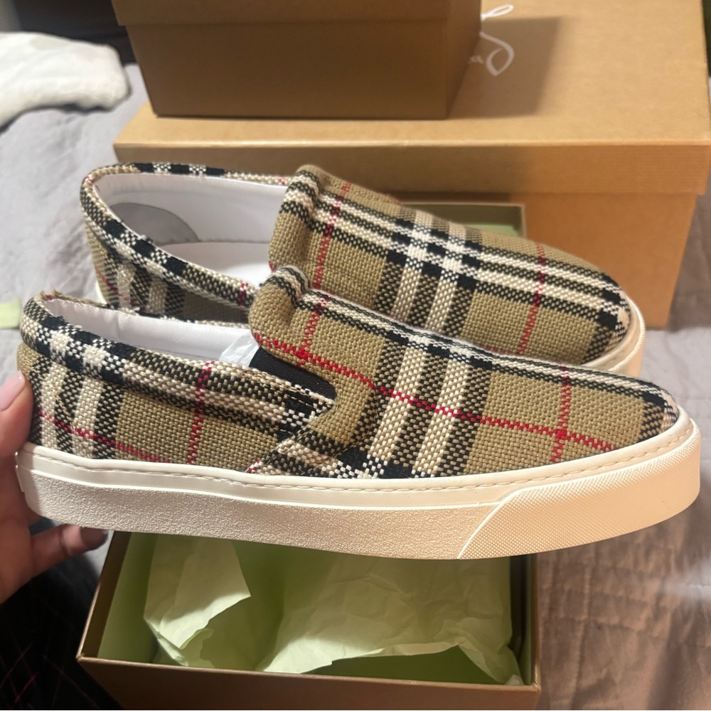 Burberry Beige and Black Check Slip-On Loafers